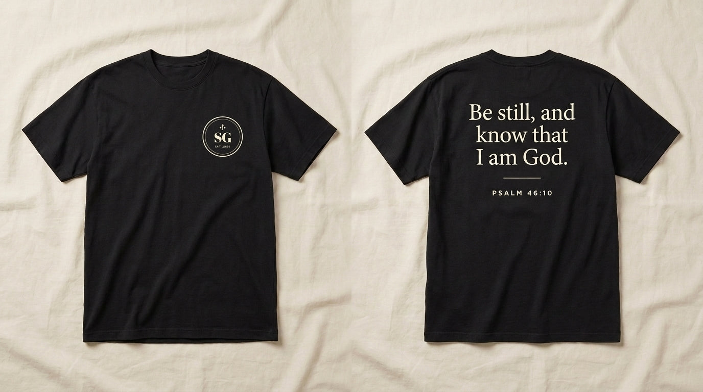 SaltGrove Custom Verse Tee: front with the SG seal on the chest, back with your chosen verse