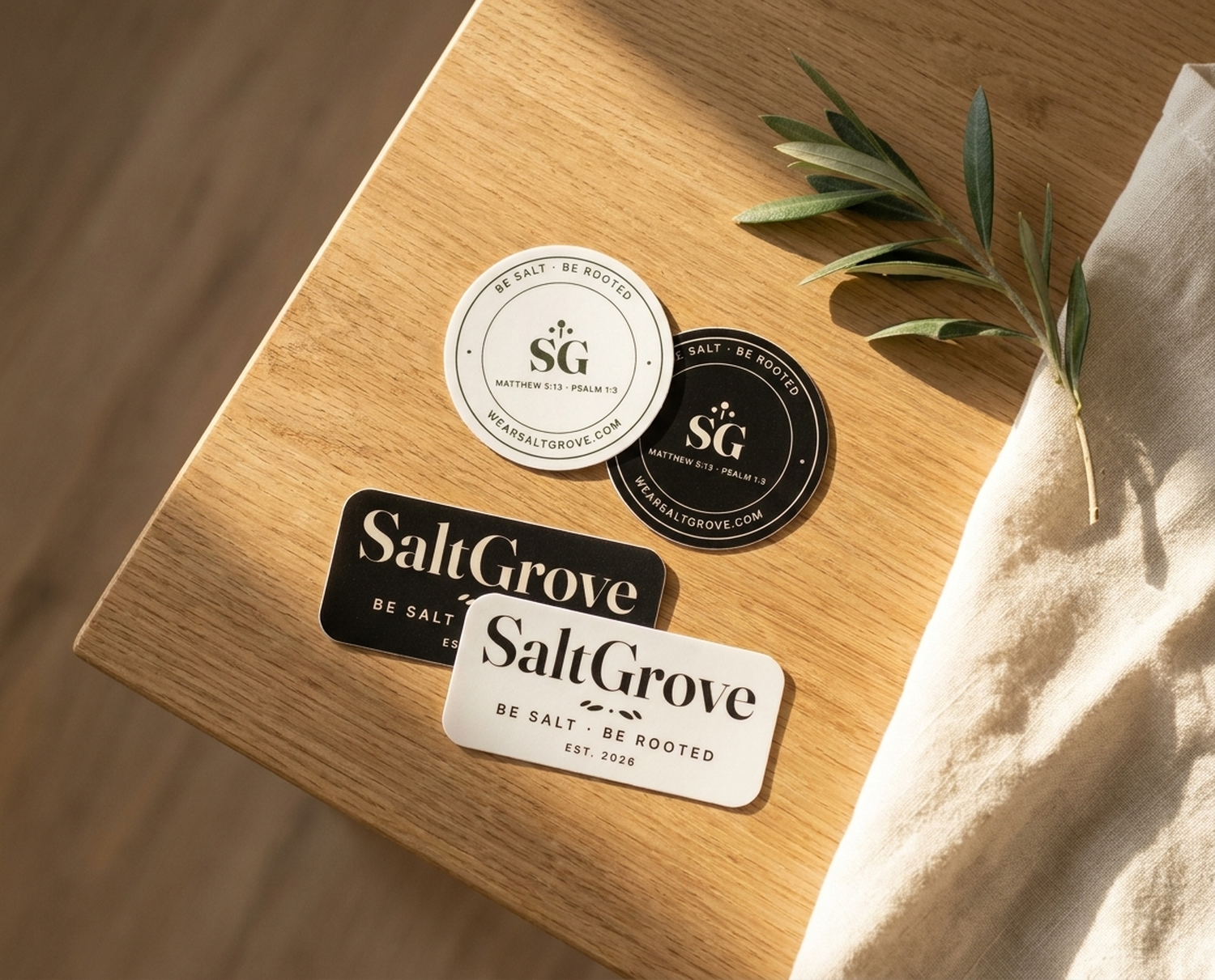 SaltGrove kiss-cut stickers, seal and wordmark, black and white